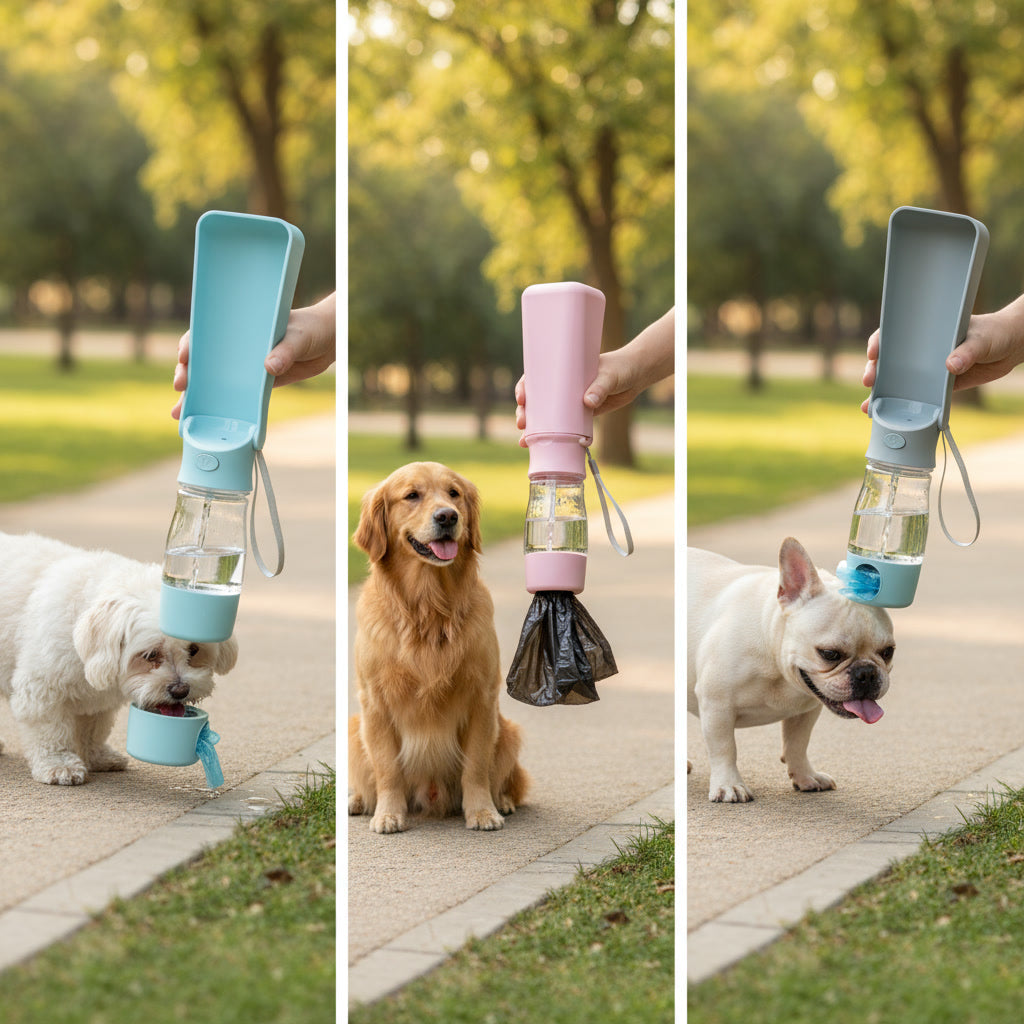 Portable Pet Hydration Bottle with Built-In Bowl & Bag Storage